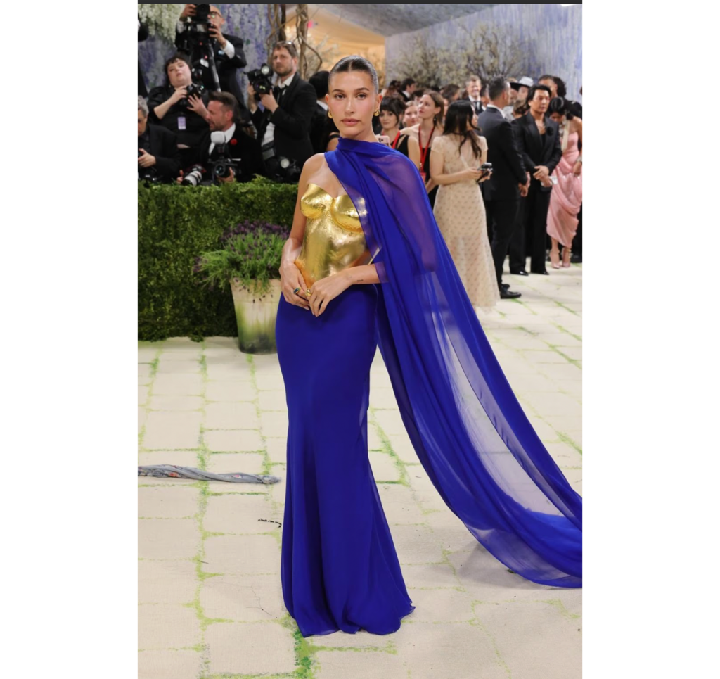 Hailey Bieber at Met Gala 2026 in a clean silhouette with precise materials